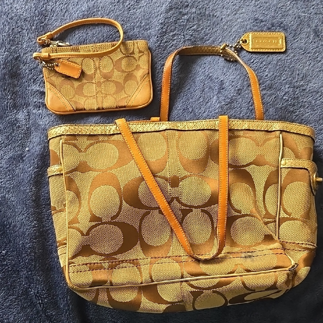 Coach Gold And Tan Tote Bag Set With Signature Pattern